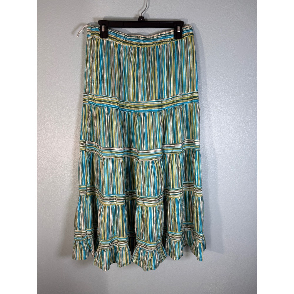 Usindo Turquoise Olive Striped Tiered Maxi Skirt Rayon Boho Festival Large